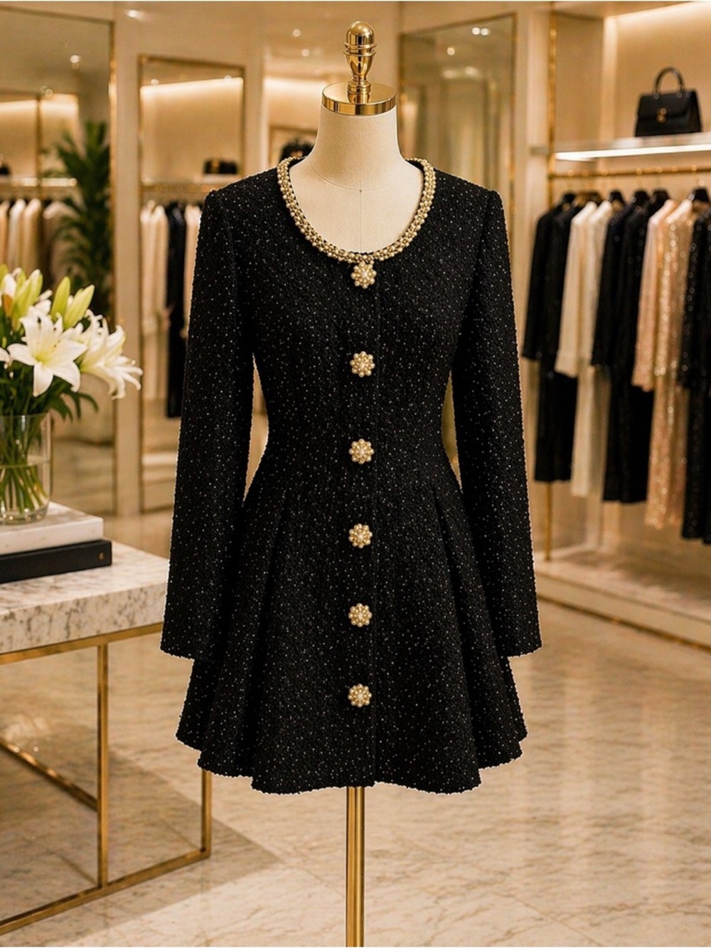 SELF PORTRAIT 
BLACK BOUCLE EMBELLISHED MINI DRESS